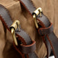 Close-up of brass buckles on the Khaki backpack.