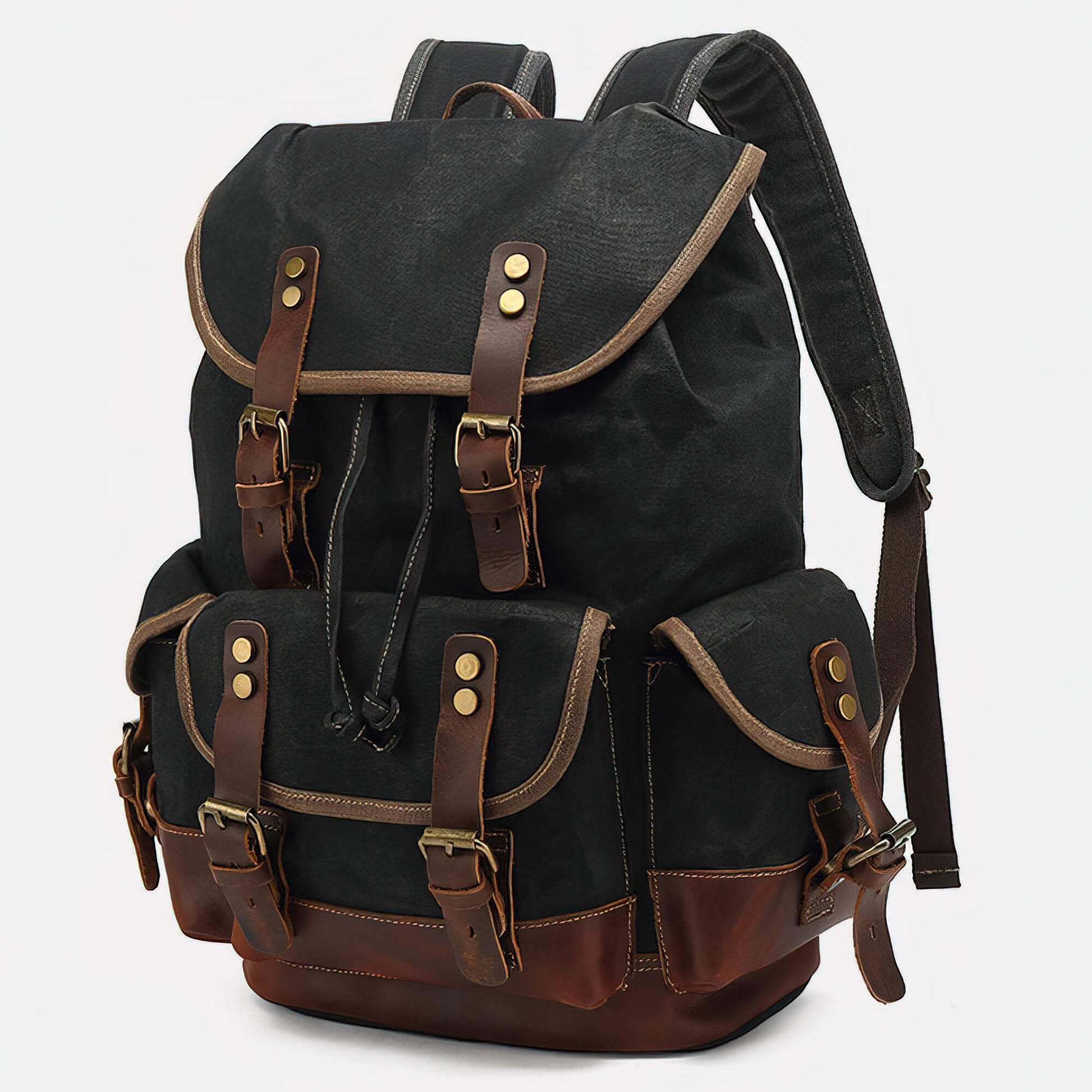 black canvas leather trekker backpack Waxed Canvas Backpack Rucksack 30L - Large Capacity, Genuine Leather, Waterproof, Anti-theft