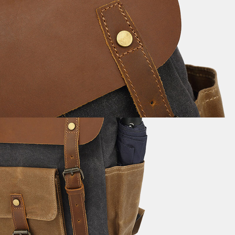 Close-up of the leather flap strap, front pocket and side pocket on the waxed canvas backpack