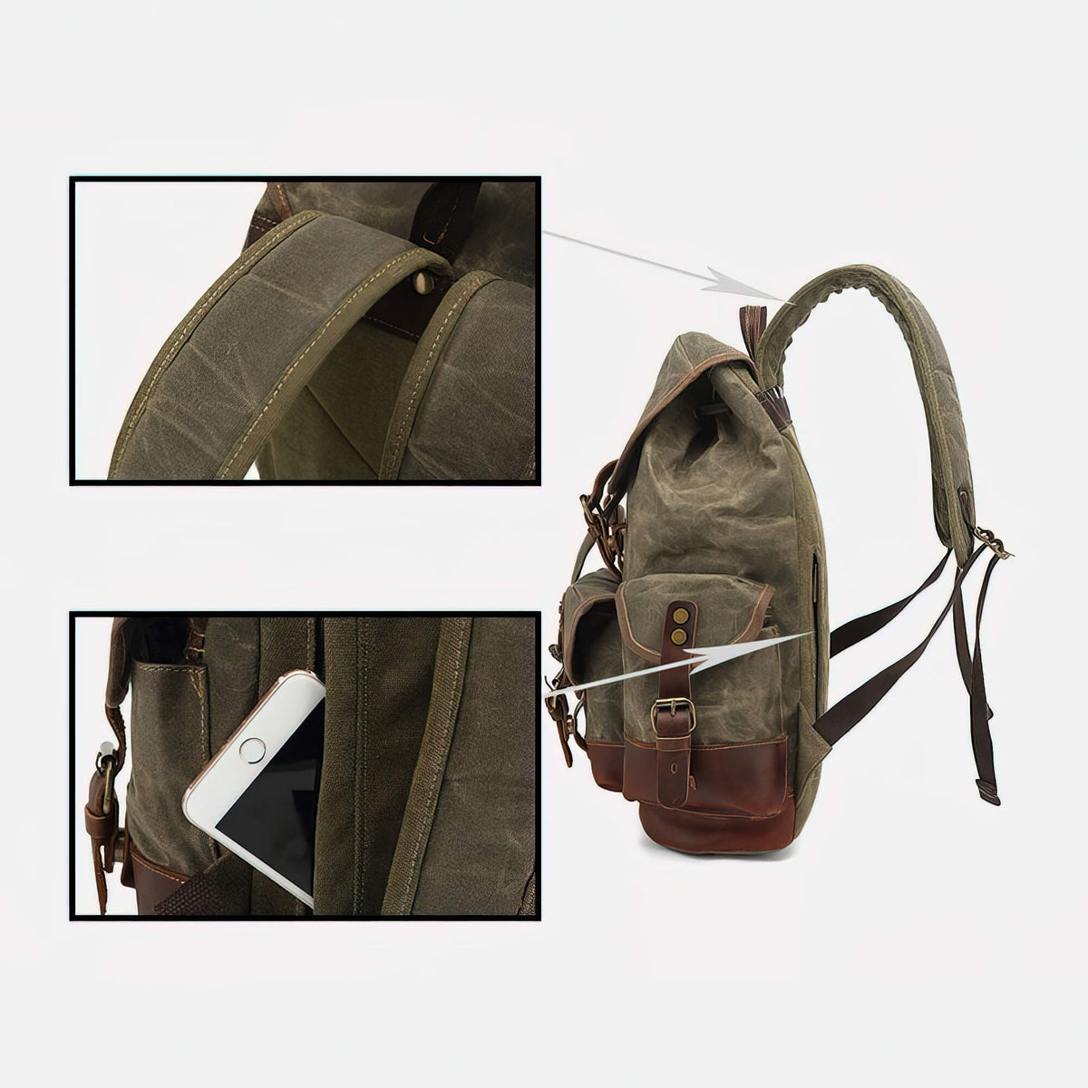 Army Green waxed canvas backpack close-ups showing the padded shoulder strap and side pocket with a phone.