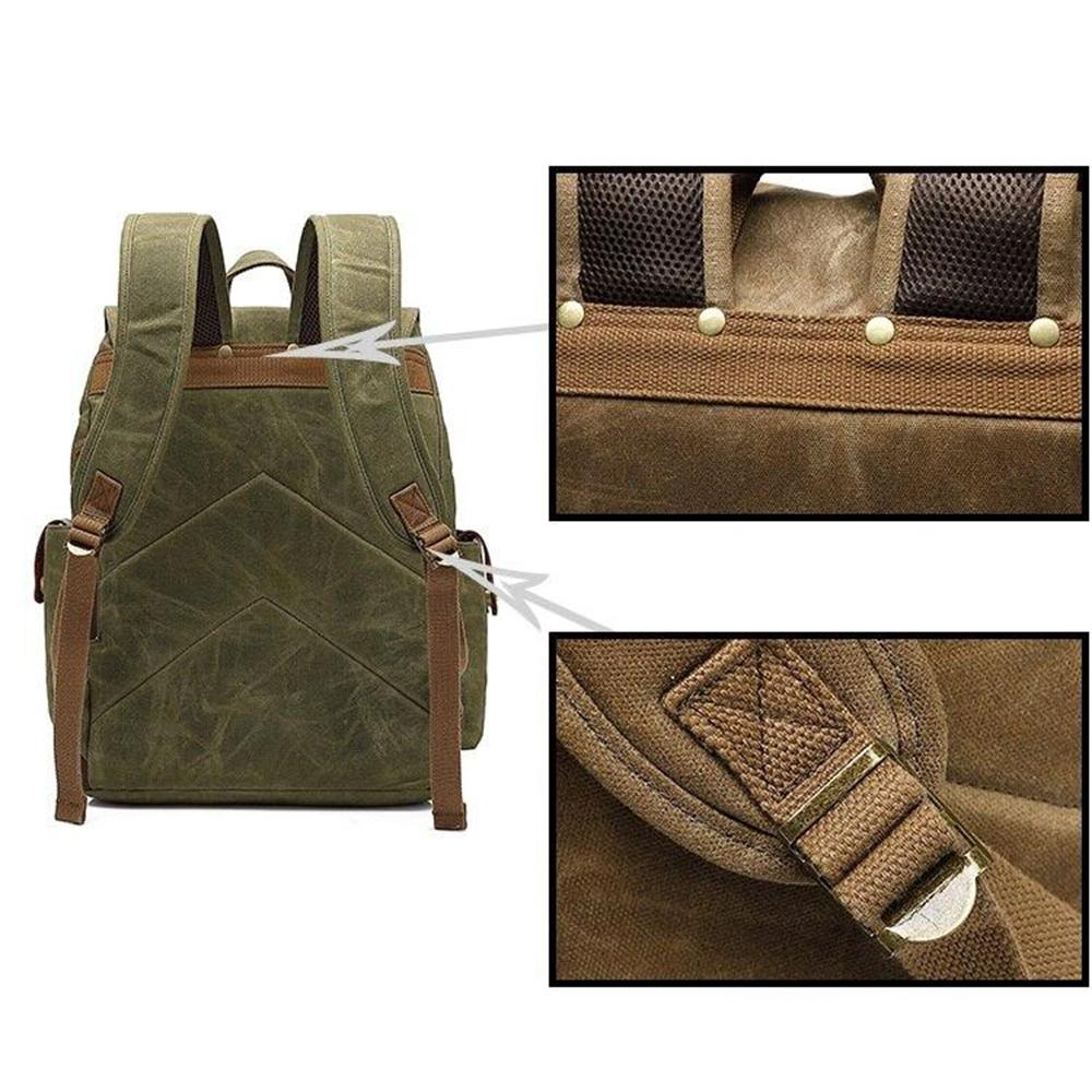 Green rucksack with callouts for the padded back mesh and strap stitching