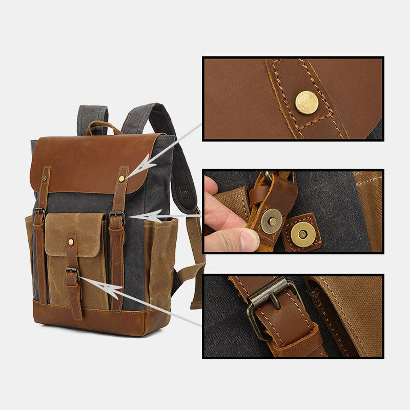Close-up details of the brass snaps and leather buckle straps on the waxed canvas backpack