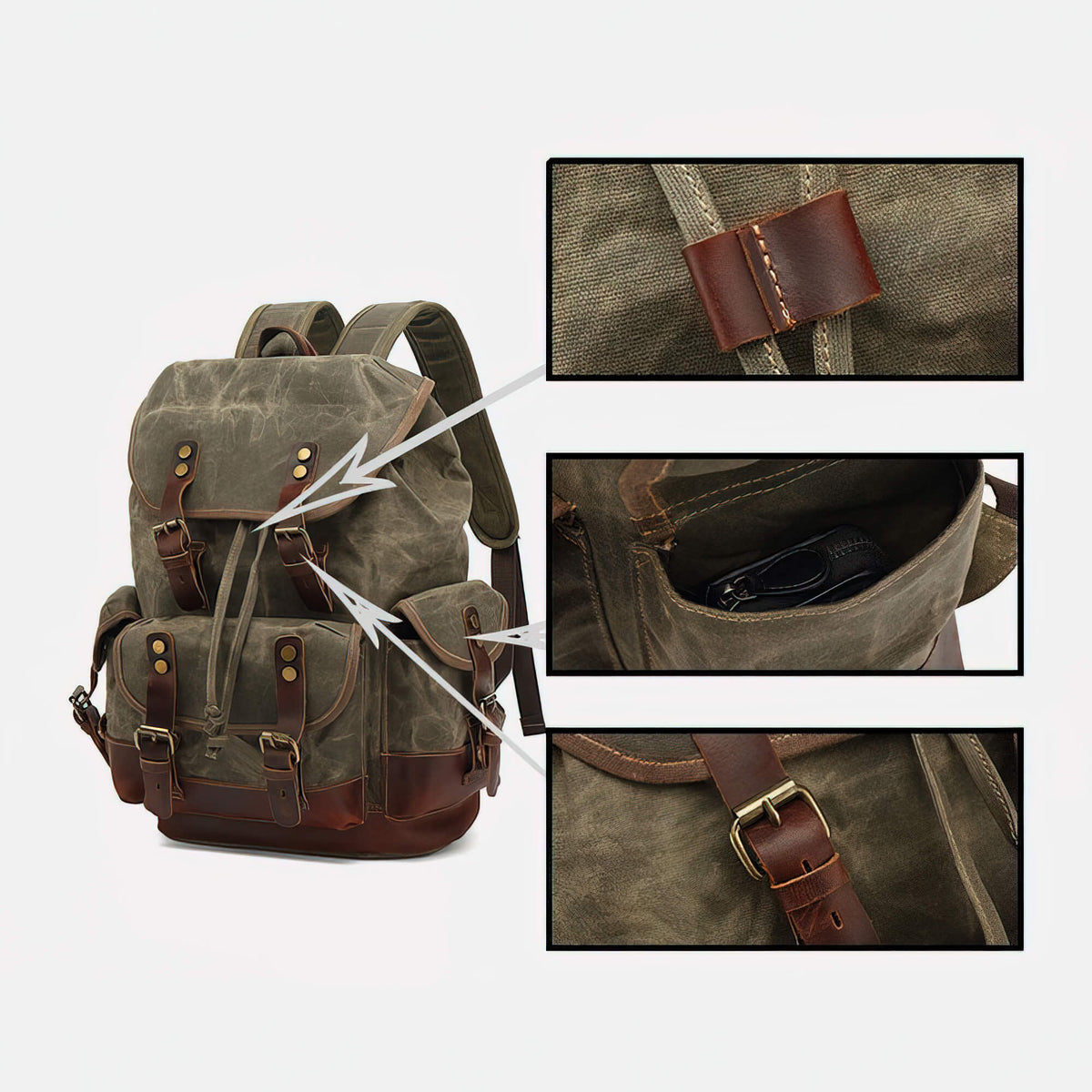 Army Green waxed canvas backpack close-ups of the leather loop, front pocket and buckle.