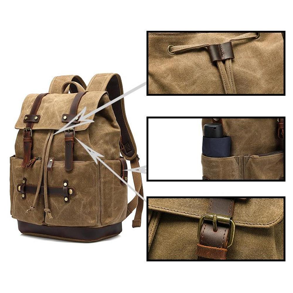 Callouts identify the drawstring, side bottle pocket, and leather buckle on the waxed canvas rucksack.