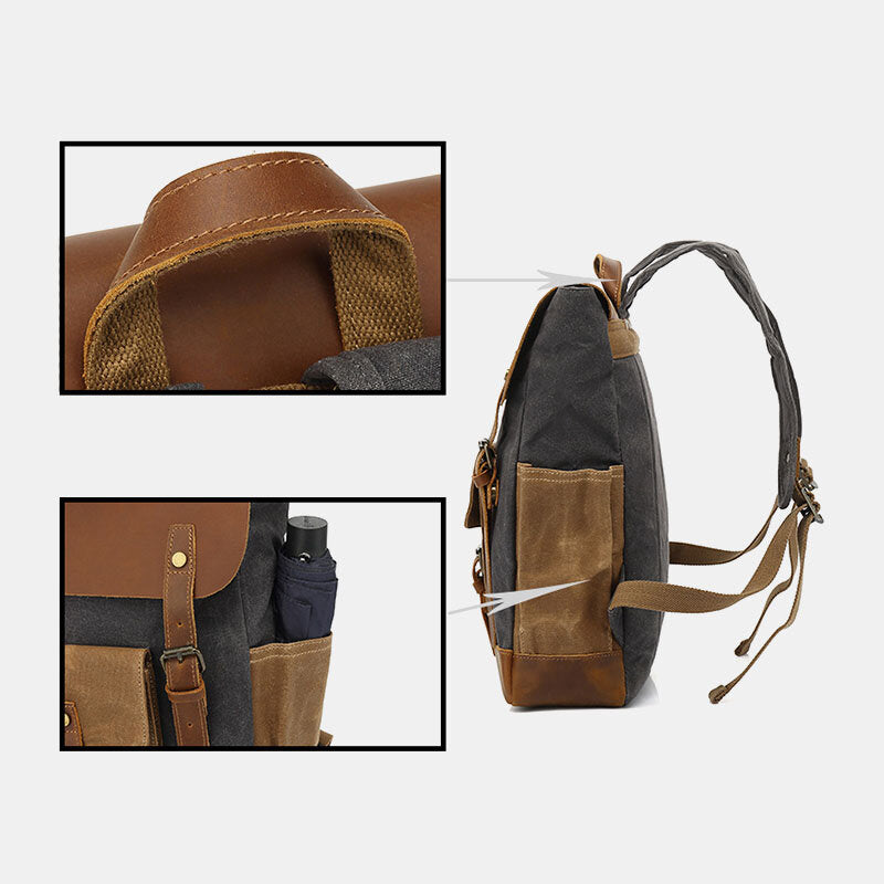 Left side view of the backpack with an umbrella in the side pocket and a reinforced carry handle