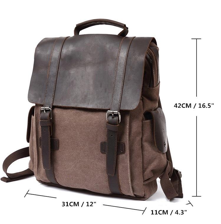 Coffee waxed canvas backpack with marked dimensions of 42 cm high, 31 cm wide and 11 cm deep.