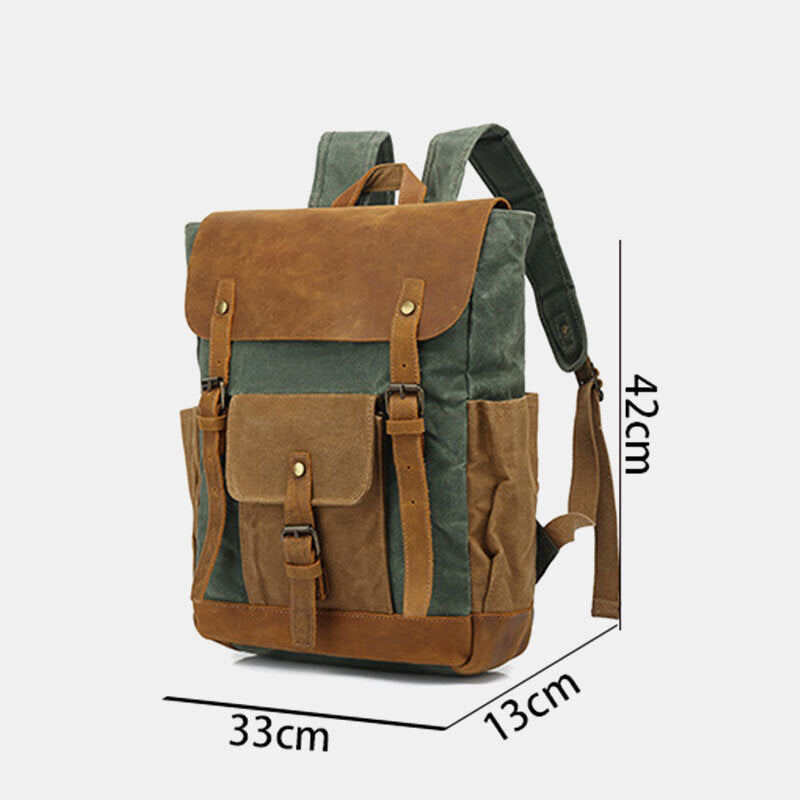 Backpack dimensions diagram showing a height of 42 cm, width of 33 cm and depth of 13 cm