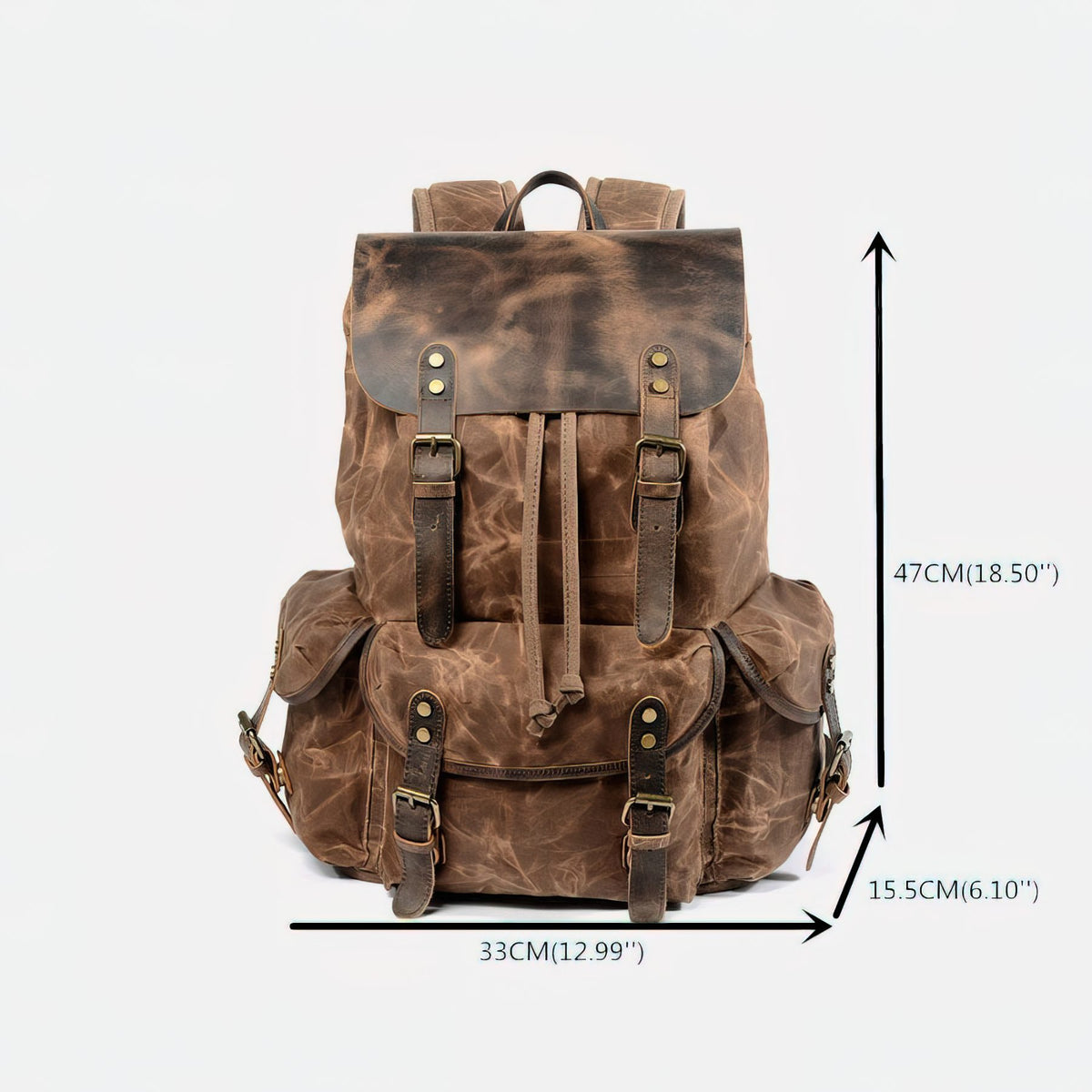 Coffee waxed canvas backpack with marked dimensions of 47 cm high, 33 cm wide and 15.5 cm deep.