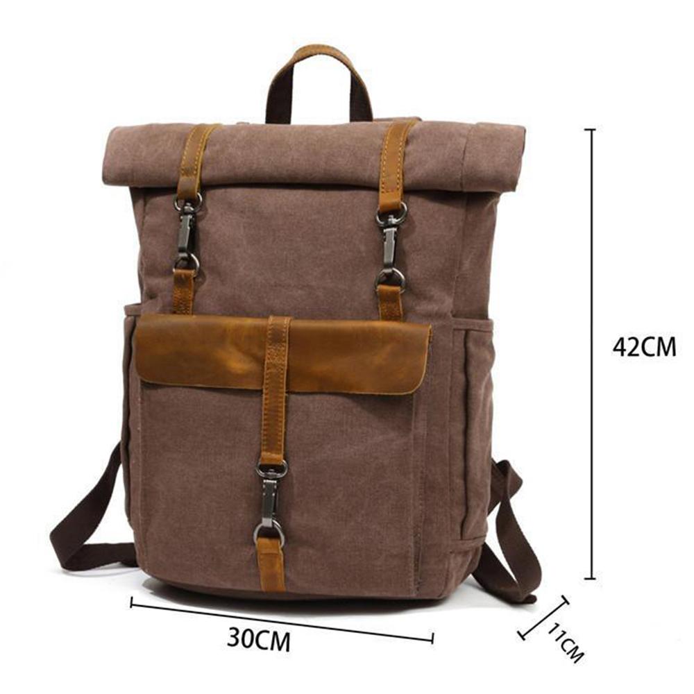Coffee waxed canvas roll-top backpack with a size diagram marking a 42 by 30 cm outline.