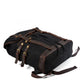 Black backpack lying on its back with the flap closed