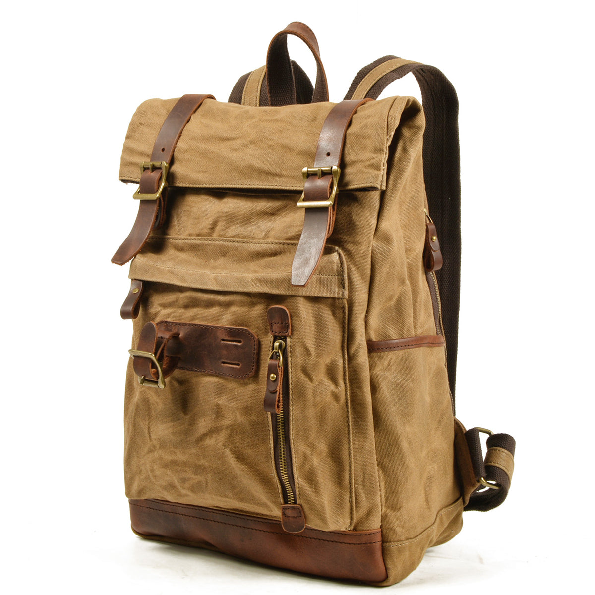 Angled view of the roll top closure, leather straps and side pocket