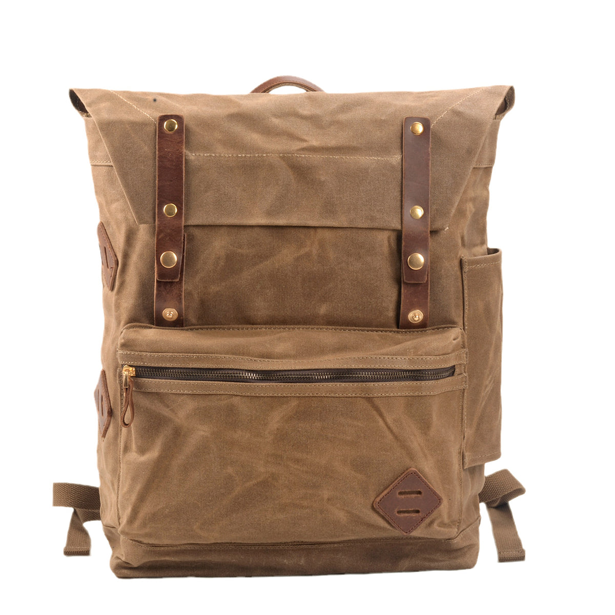 Front of the khaki waxed canvas rucksack with two leather buckle straps