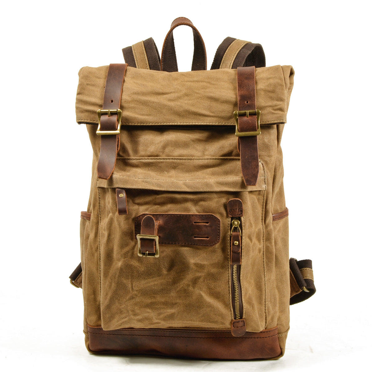 Front view showing the folded roll top and leather-trimmed zippered pocket