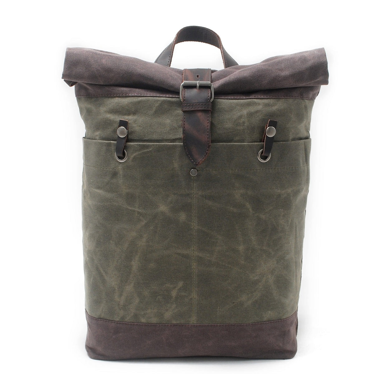 Army green water-resistant waxed canvas roll top backpack with a leather buckle strap