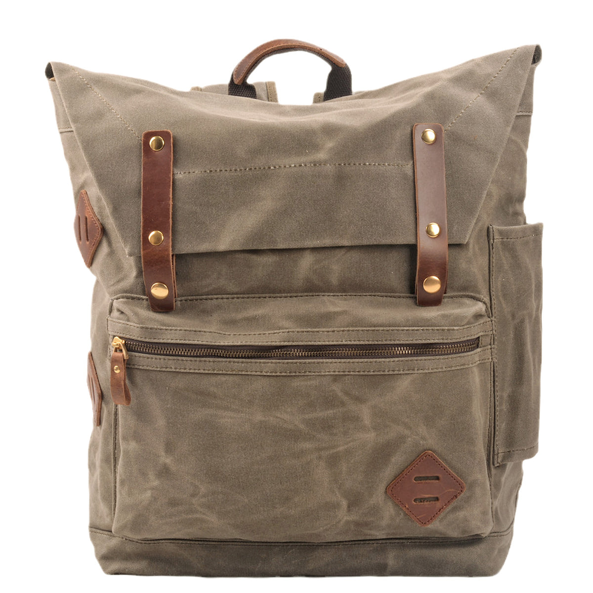 Army green waxed canvas travel laptop backpack with leather straps and a front zip pocket