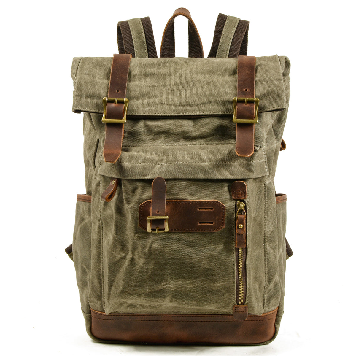 Army green roll top backpack with leather straps, brass buckles and front zipper pockets