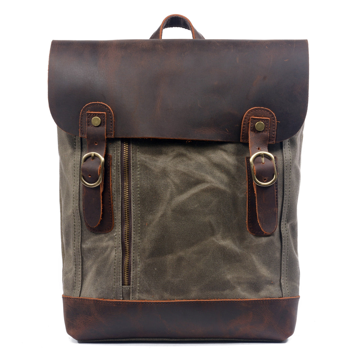 Army green water-resistant waxed canvas school backpack with a dark leather flap