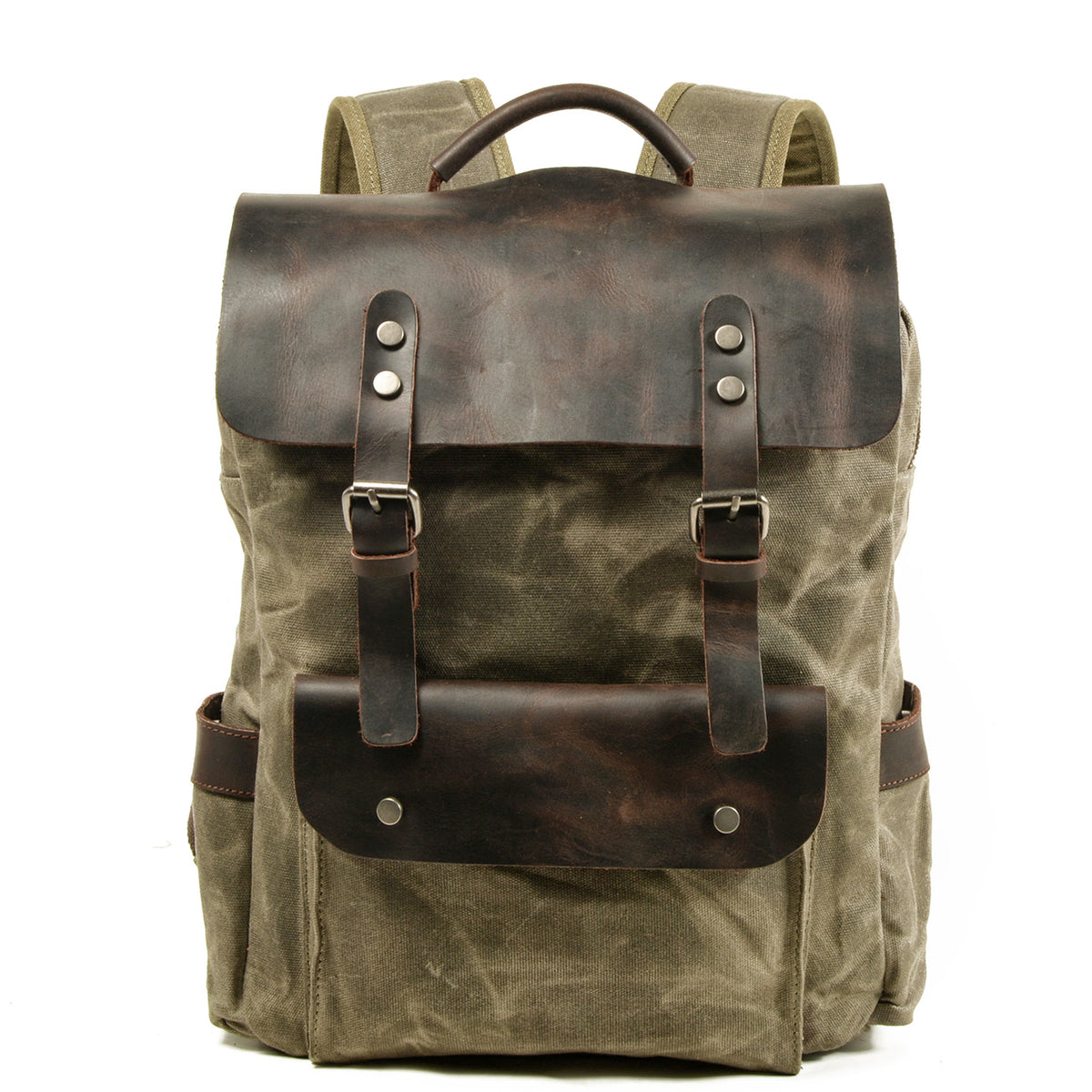 Army green waxed canvas laptop backpack with a dark crazy horse leather flap