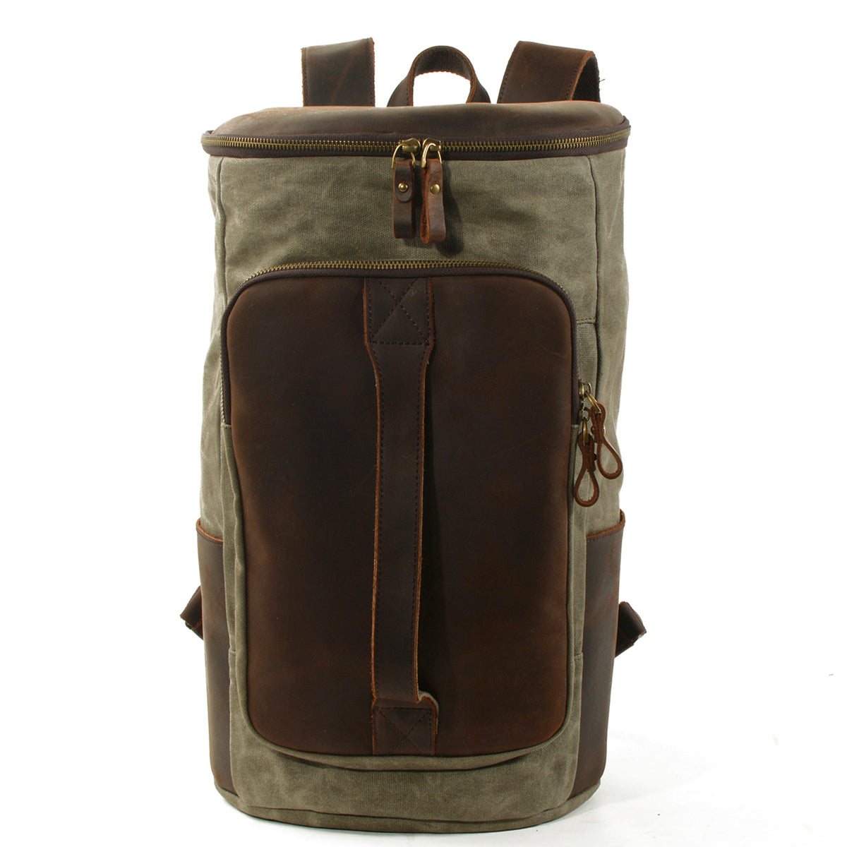 Army green waxed canvas travel backpack with a leather pocket and top handle