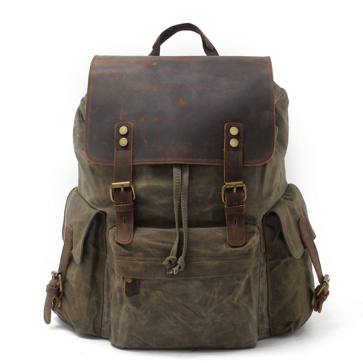 Army green waxed canvas laptop backpack with a dark crazy horse leather flap