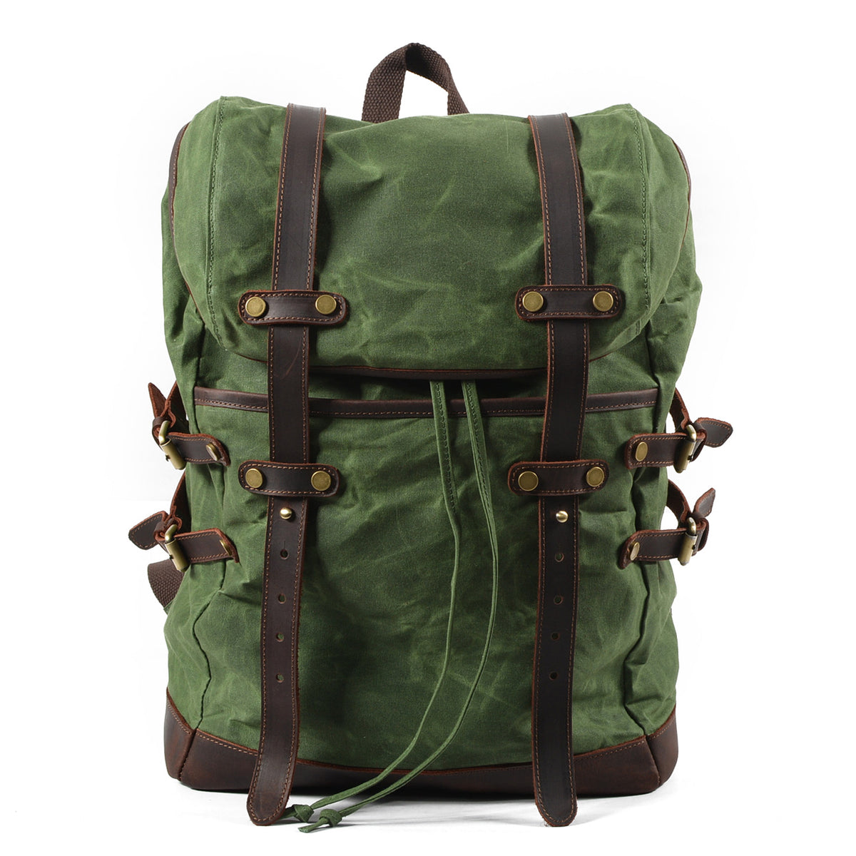 Army green vintage waxed canvas laptop rucksack with dark leather straps