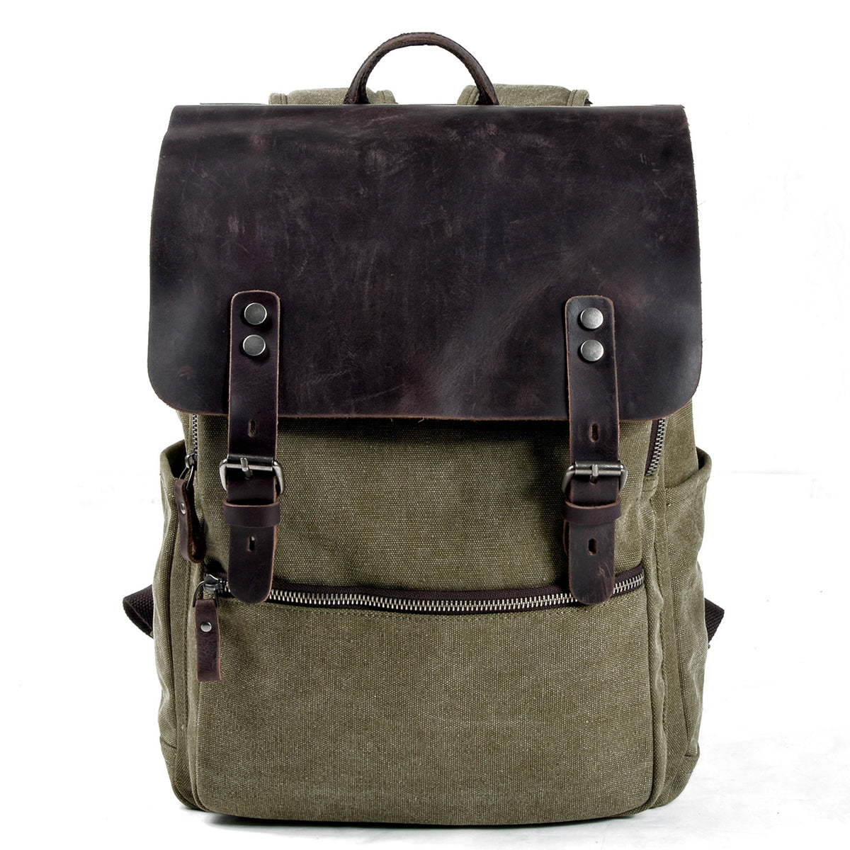 Army green canvas backpack with a leather flap and two buckled front straps