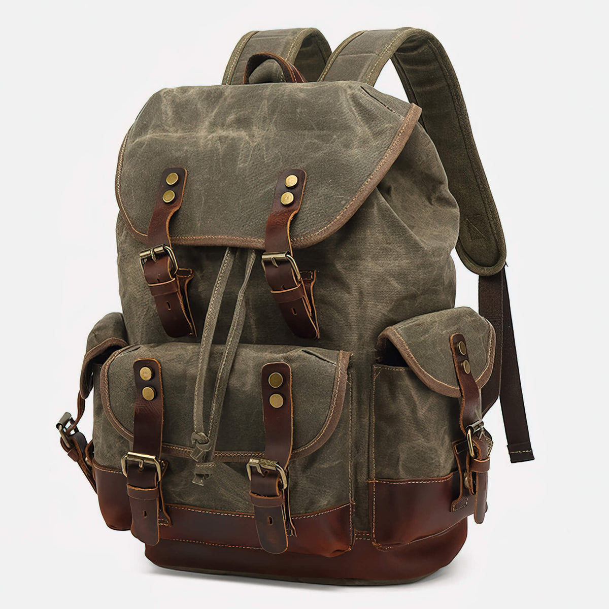 Army green vintage waxed canvas rucksack with brown leather trim, drawstring top and buckled pockets