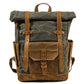 Army green vintage waxed canvas roll top backpack with leather straps and buckle pocket