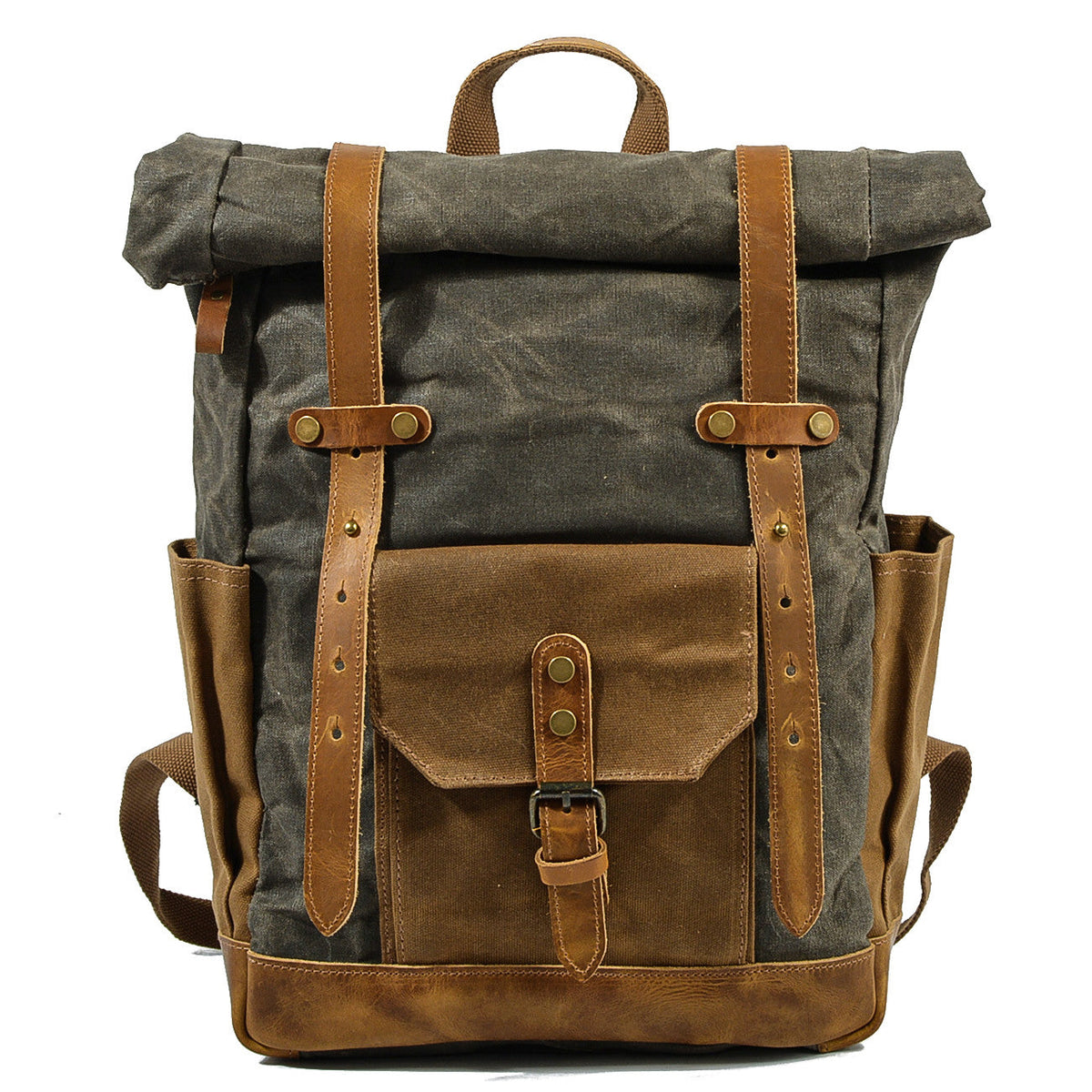 Army green vintage waxed canvas roll top backpack with leather straps and buckle pocket