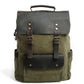 Army green canvas rucksack with a dark leather flap