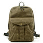 Army green waxed vintage canvas school backpack with a snap front pocket and leather top handle