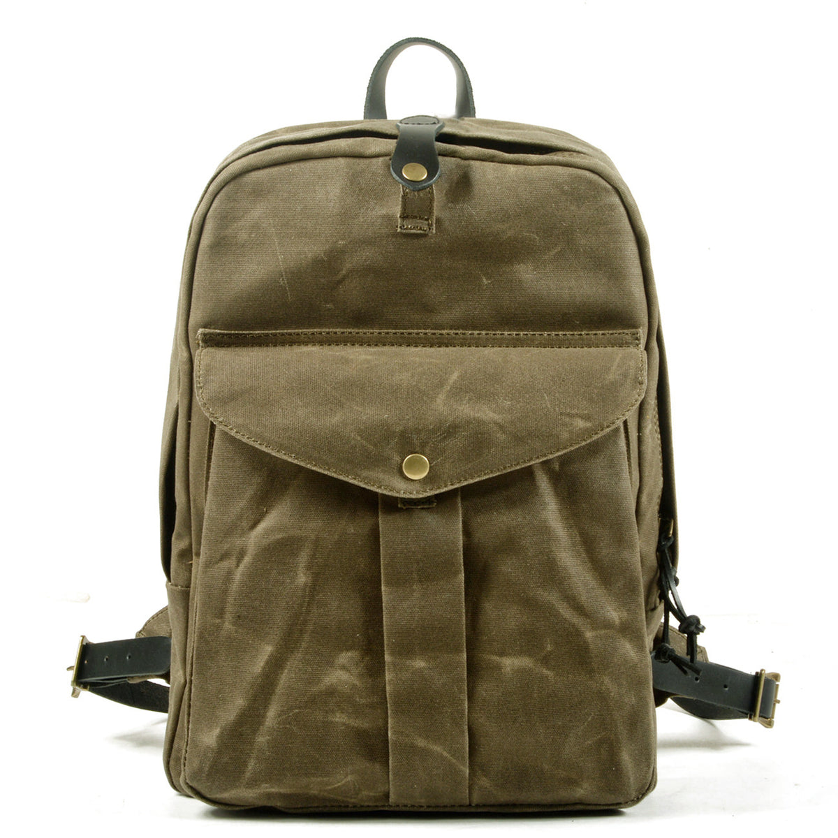 Army green waxed vintage canvas school backpack with a snap front pocket and leather top handle