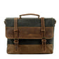 Army green waxed canvas shoulder bag with a leather flap and brass buckles