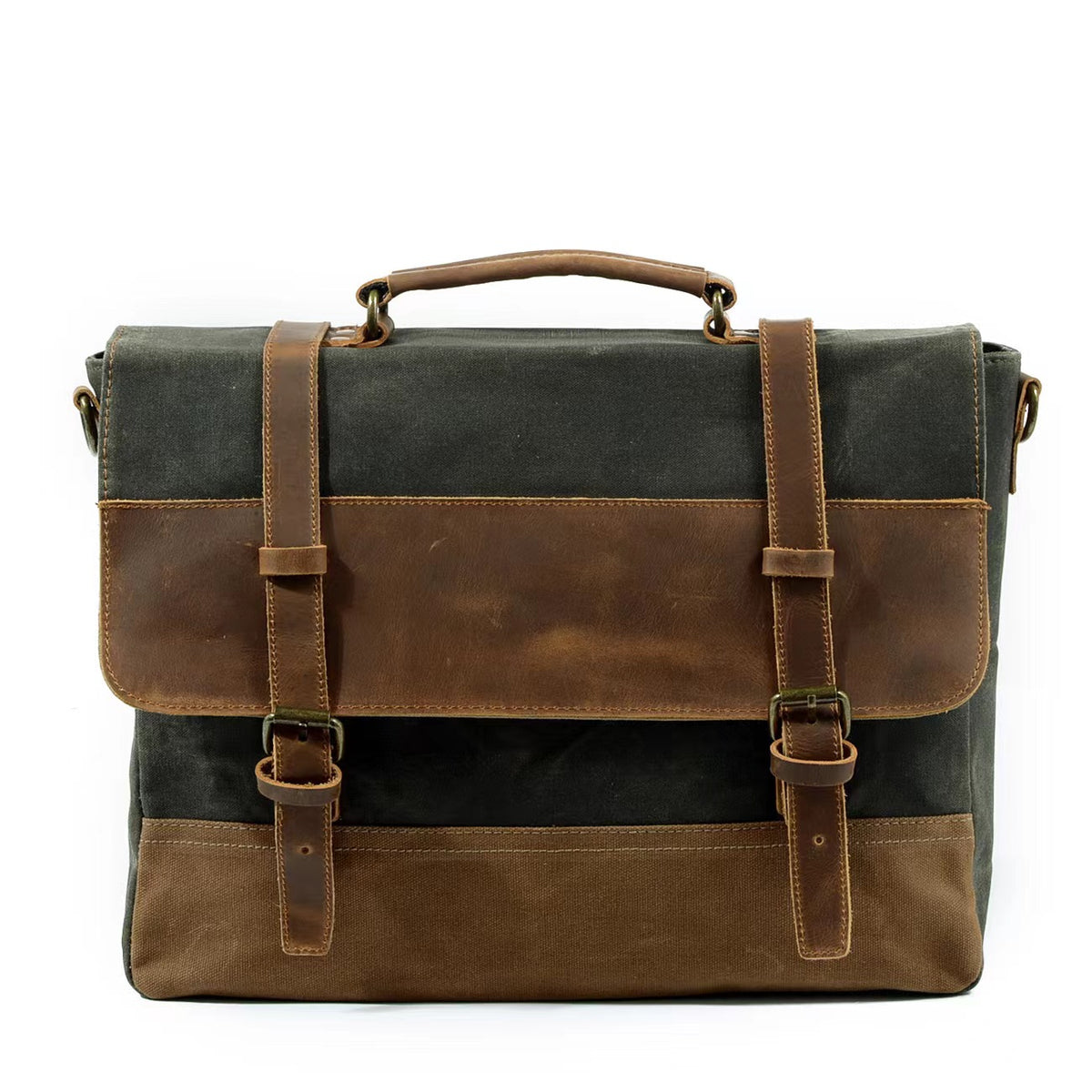 Army green waxed canvas shoulder bag with a leather flap and brass buckles