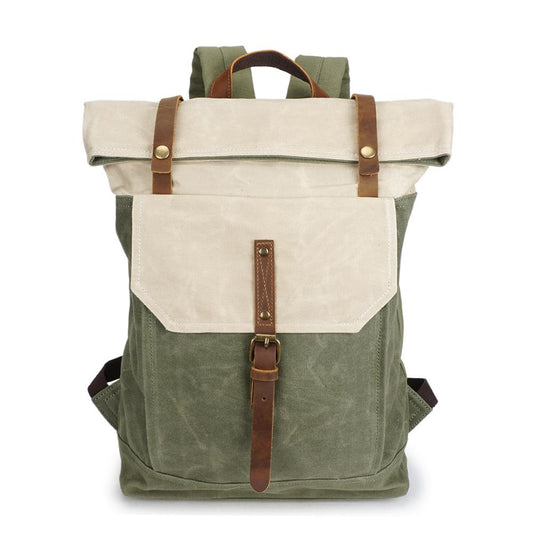 Beige and green vintage waxed canvas roll top backpack with a crazy horse leather buckle strap