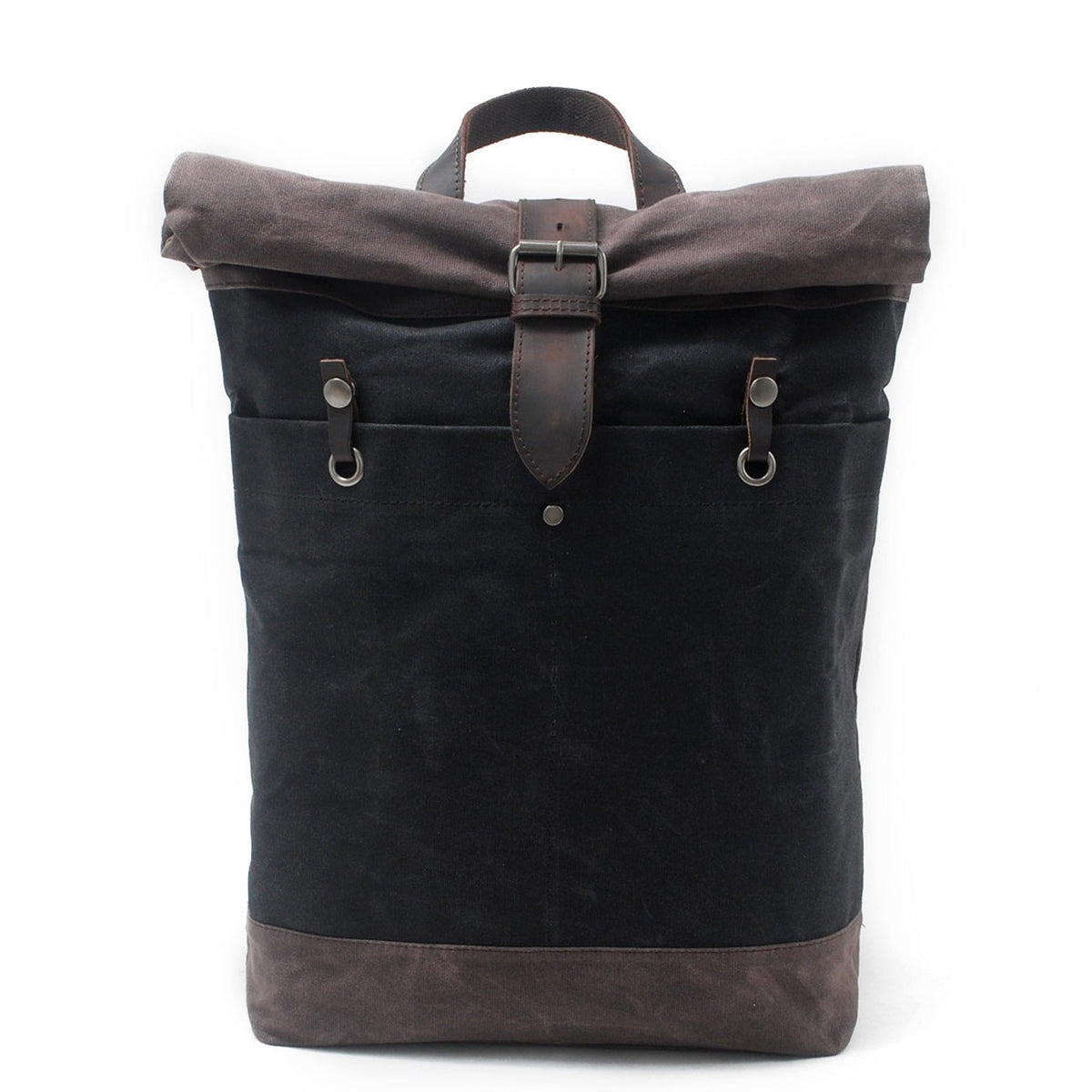 Black water-resistant waxed canvas roll top backpack with a leather buckle strap
