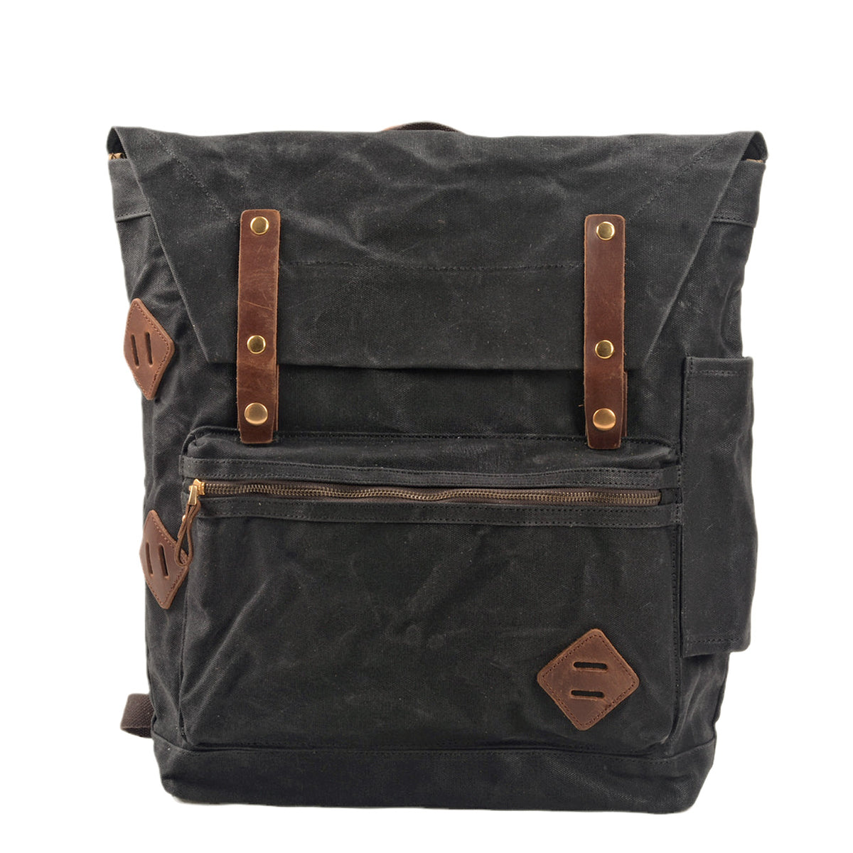 Black waxed canvas travel laptop backpack with leather straps and a front zip pocket