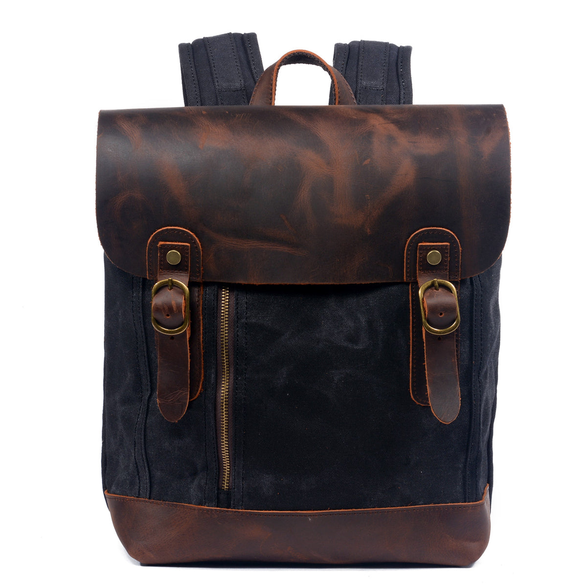 Black water-resistant waxed canvas school backpack with a brown leather flap and base