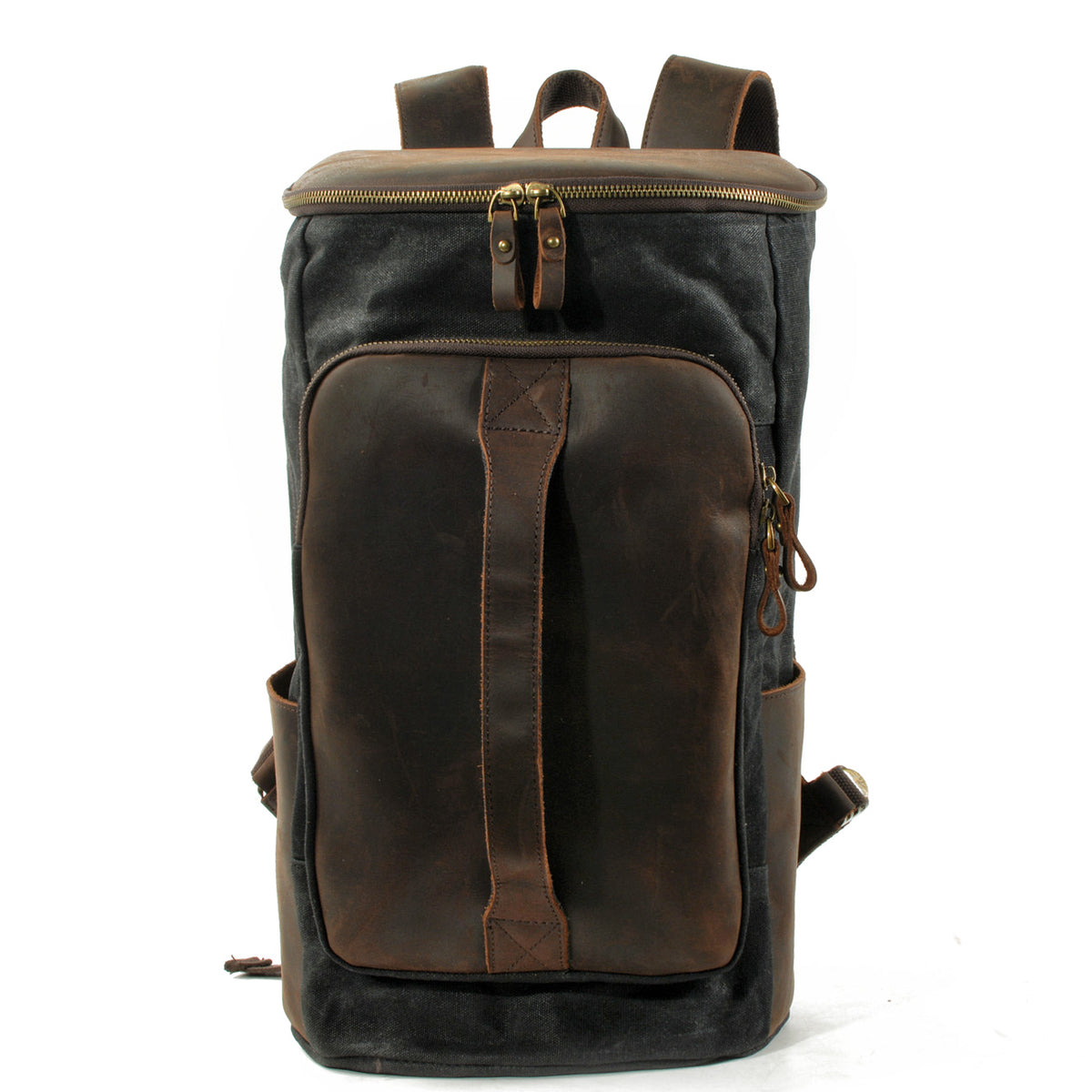 Black waxed canvas backpack with a rectangular leather front pocket