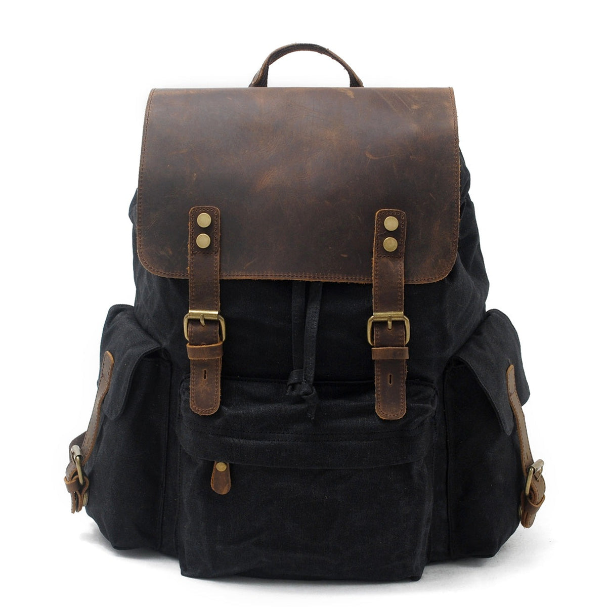 Black waxed canvas laptop backpack with a dark crazy horse leather flap