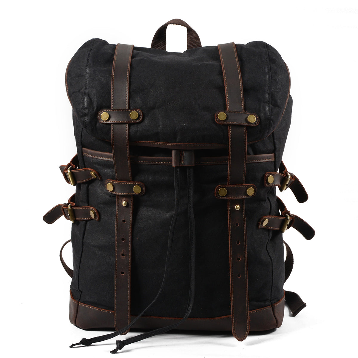 Black vintage waxed canvas laptop rucksack with crazy horse leather straps and brass buckles