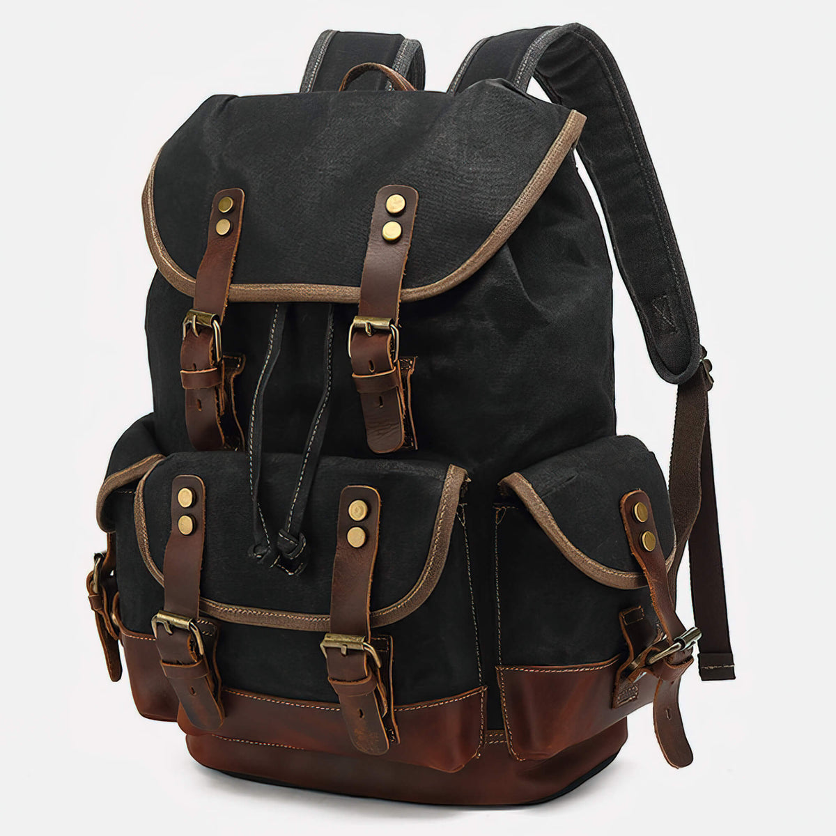 Black waxed canvas backpack with brown leather trim and buckled pockets