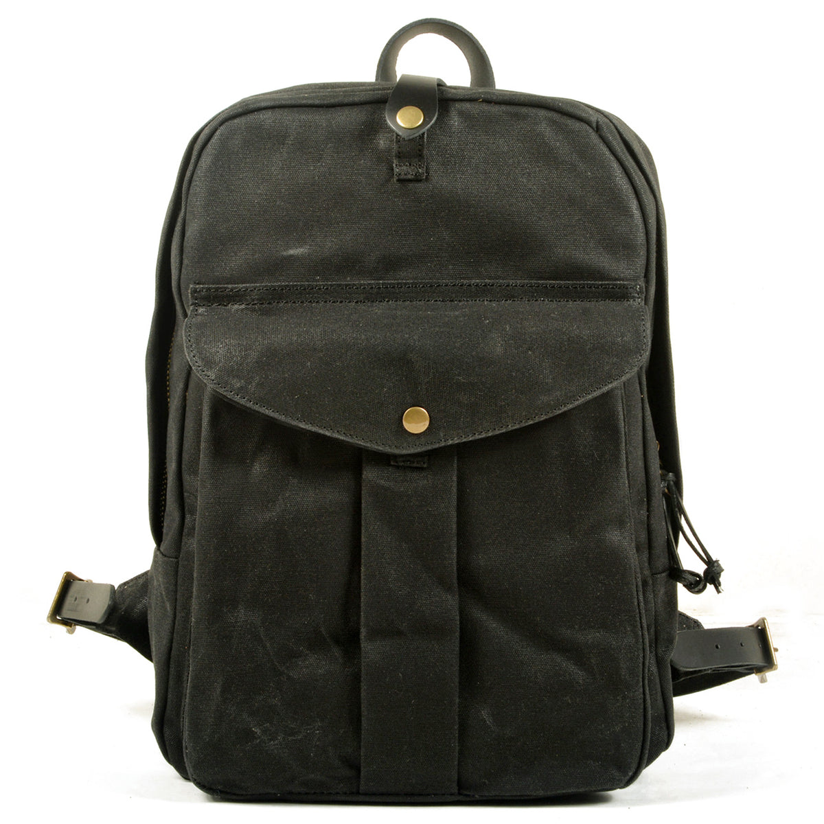 Black waxed vintage canvas school backpack with a snap front pocket and leather top handle