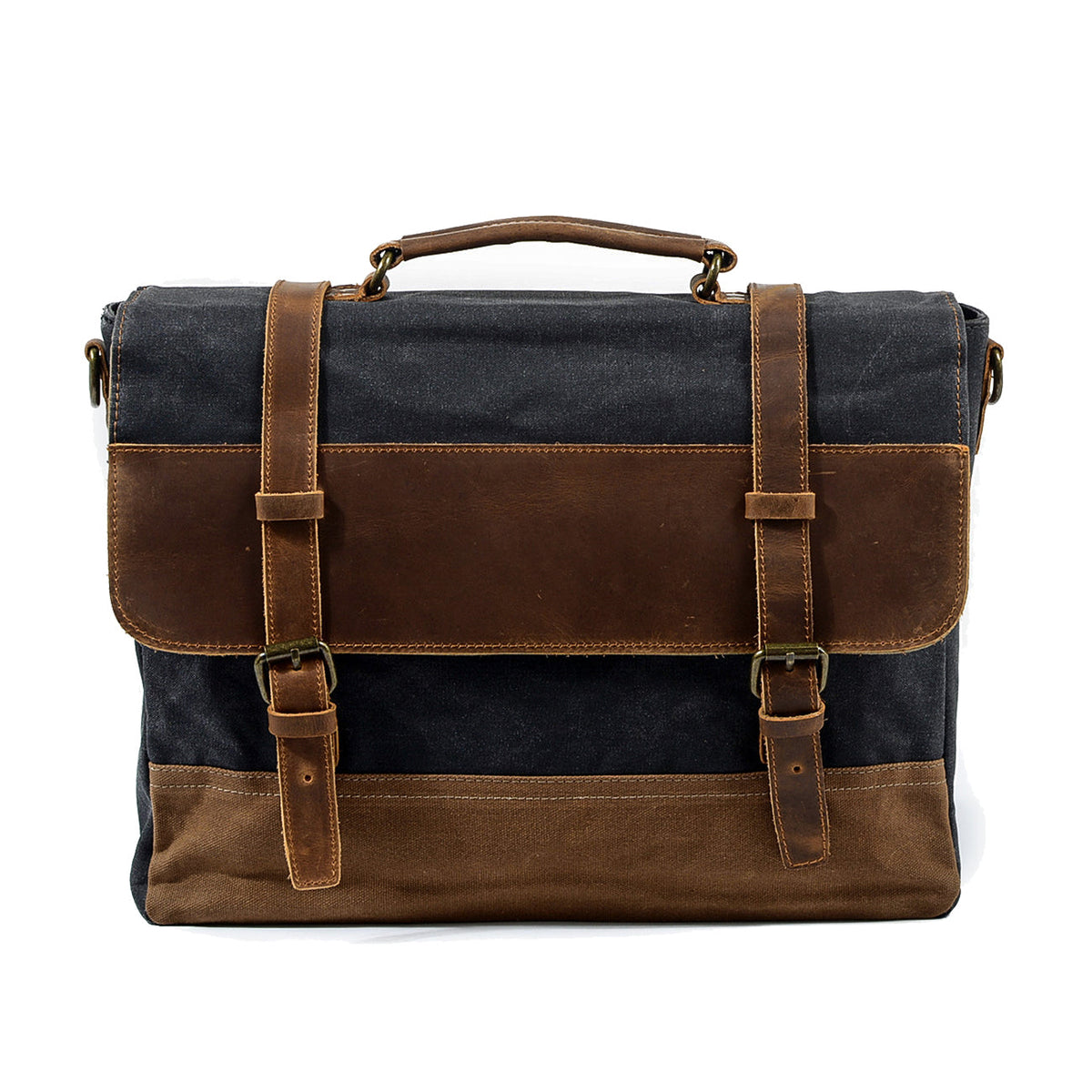 Black waxed canvas messenger bag with a crazy horse leather flap and twin buckle straps