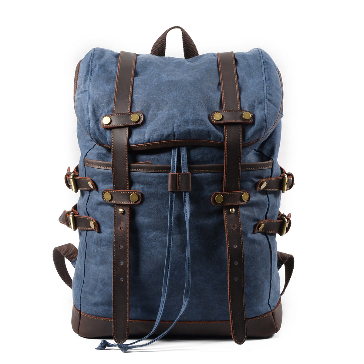 Blue vintage waxed canvas laptop rucksack with brown crazy horse leather straps