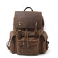 Brown waxed canvas laptop backpack with a crazy horse leather flap and brass buckles