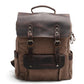 Coffee canvas rucksack with a dark brown leather flap, front pocket and side pockets.