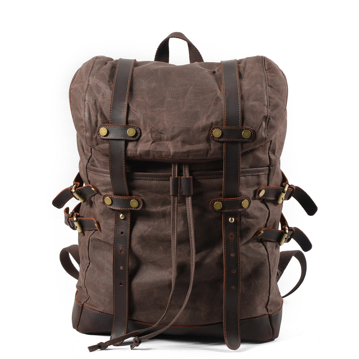 Coffee vintage waxed canvas laptop rucksack with dark brown leather straps