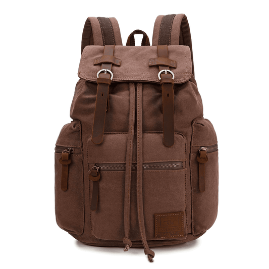 Front of coffee canvas backpack with long leather buckle straps, drawstring opening and outer zip pockets.