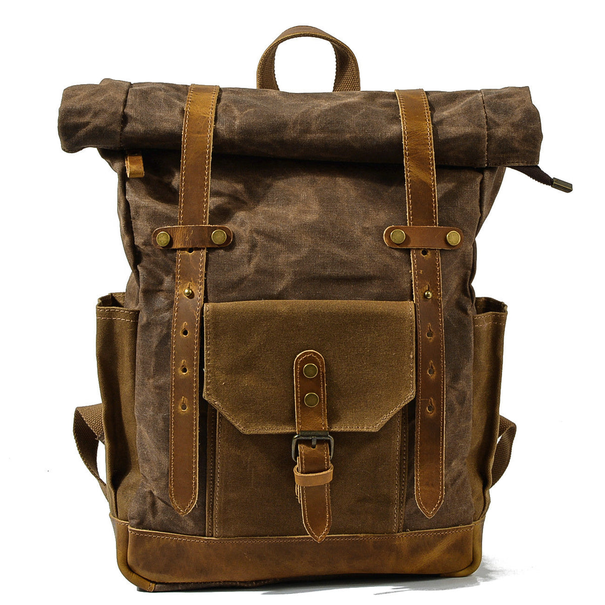 Coffee vintage waxed canvas roll top backpack with leather straps and buckle pocket